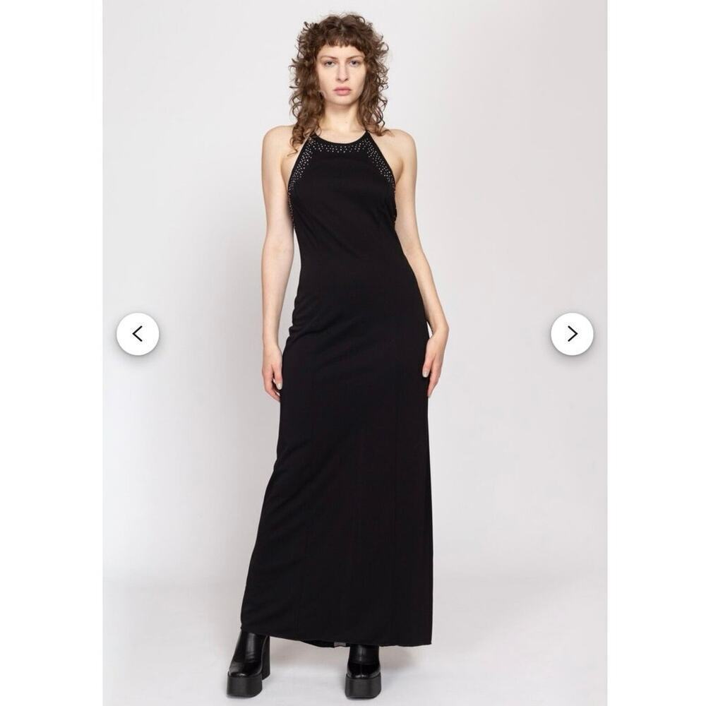 Vtg 90s Black Sheer Low Back Maxi Dress | Vintage Halter Sleeveless Slinky Sexy